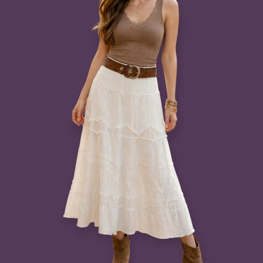 MONROE & MAIN Winter White Cotton Raw Hem Distressed Patchwork Midi Skirt